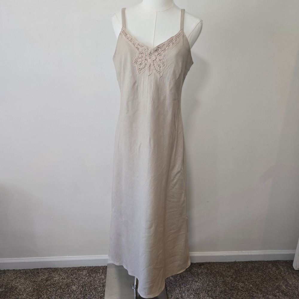 Plaza Collection Midi Dress Womens 8 Beige Linen Blend Lace V-Neck Pintuck